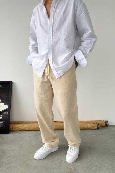 HAFKAGİYİM Μπεζ φαρδύ λινό παντελόνι