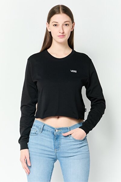 Vans Women Crew Neck Long Sleeve Embroidered Logo Crop Top, Black