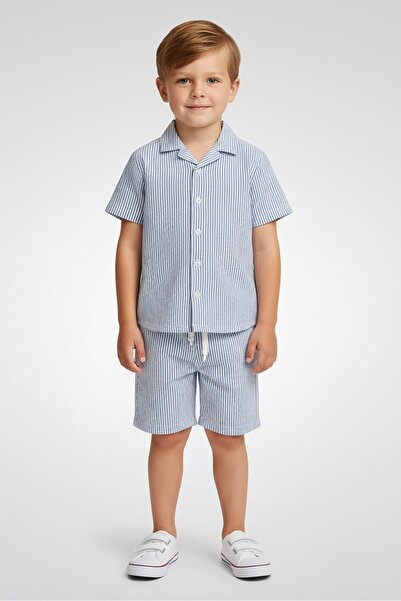 Aeropostale Toddlers Boy 2Pcs Stripe Casual Shirt And Shorts Set, Light Blue