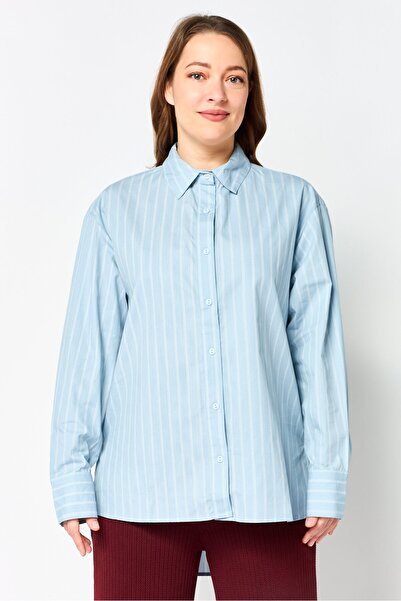 Aeropostale Women Pointed Collar Long Sleeve Stripe Shirt, Light Bue