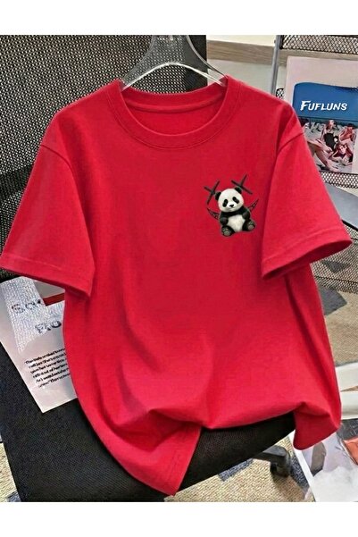 FUFLUNS Smiling Face Panda Printed Unisex Women/Men Oversize Crewneck T-Shirt