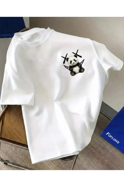 FUFLUNS تي شيرت مطبوع عليه وجه الباندا المبتسم للجنسين، مقاس كبير، برقبة دائر...