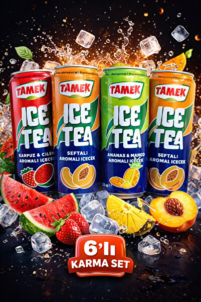 TAMEK Ice Tea 330 ml 6’lı Karma Paket Soğuk Çay (Karpuz Çilek Şeftali Ananas ...
