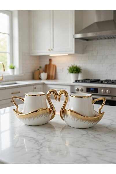 Muhtalif Markalar Lüks Kuğu Gold 6'lı Kahve Fincan Takımı Premium Porselen