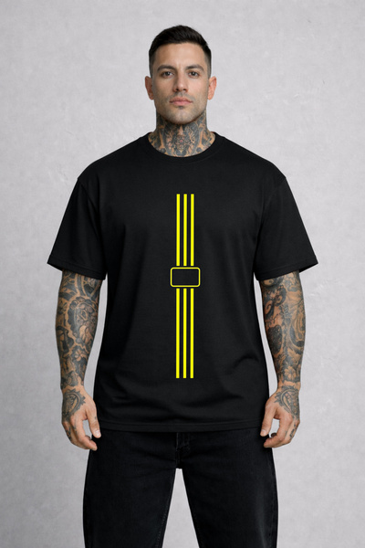 VODEXA Tricou oversize pentru bărbați, cu imprimeu YELLOW LINE, 100% bumbac, ...