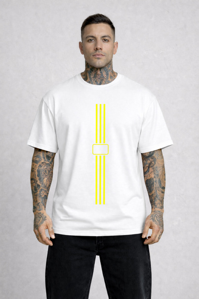 VODEXA Tricou oversize pentru bărbați, cu imprimeu YELLOW LINE, 100% bumbac, ...