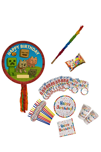 PinaStar Πινιάτα Minecraft με αξεσουάρ, 12 πιάτα, 12 ποτήρια, 12 χαρτοπετσέτε...