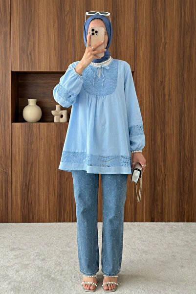 MODAQU Lace Detailed Linen Tunic - Blue