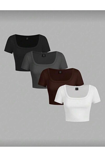 MİLYA&GYM Kadın 4'lü Paket Fitilli Kaşkorse Pamuklu Vücuda Yapışan KARE YAKA ...
