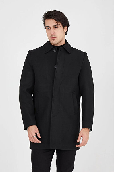 DostumGiyim Erkek Siyah Regular Fit Yünlü Uzun Kuşaklı Palto Kaşe Kaban Şık G...