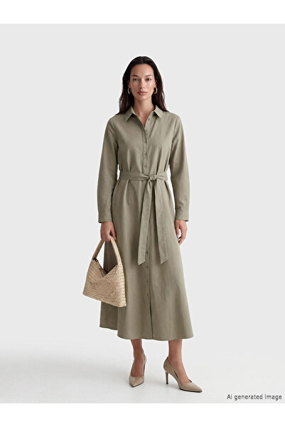 LC Waikiki Lcw Everyday Green Belted Waistband Poplin Shirt Dress