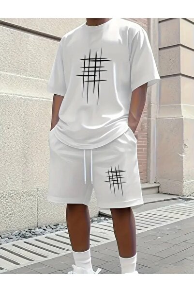 ELAN WEAR White Printed Women'S/Men's Unisex T-Shirt Shorts 2-Piece Set Overs...