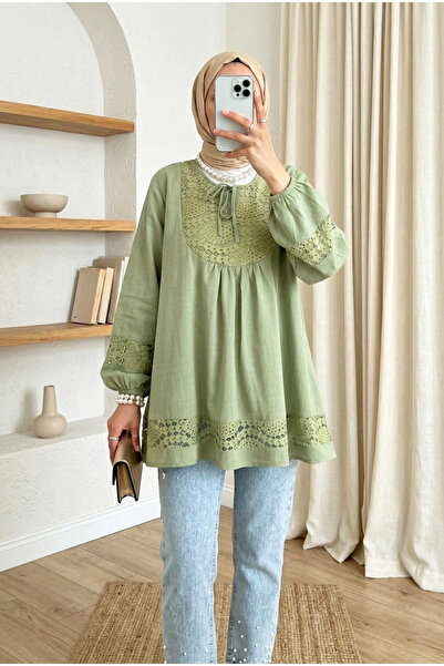 MODAQU Lace Detailed Linen Tunic - Green