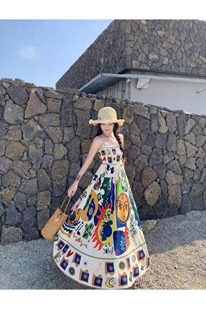 PriStyle Rochie Lunga de Vara pentru Dama cu Imprimeu Artistic Multicolor, Sp...