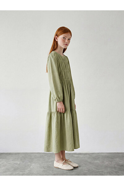 LC Waikiki LCW Girls Studio Green Crew Neck Με σούρες Φόρεμα για κορίτσια