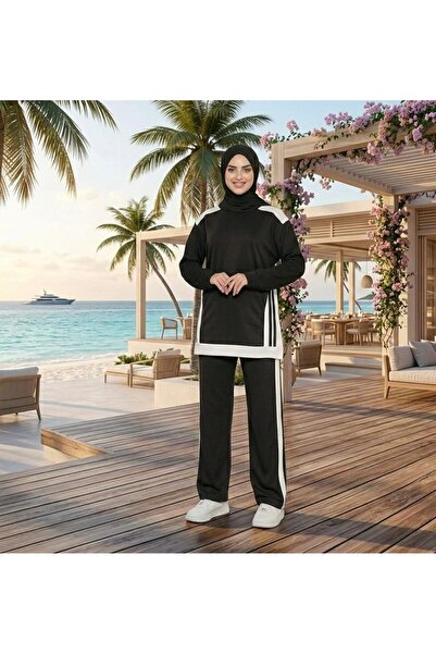 BEYAZTOPTAN Women's Striped Detail Hijab Tracksuit Set - Comfortable Cut Drap...