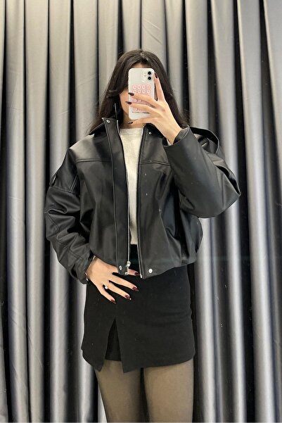 Tmptekstil Shoulder Cuff Oversized Leather Jacket - Black Black