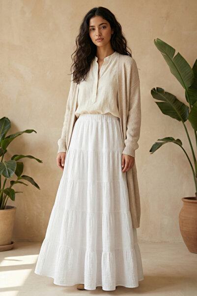Şiir Mauren Beli Lastikli Katlı Uzun Etek & Kadın Etek - Beyaz
