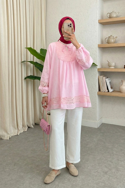 MODAQU Lace Detailed Linen Tunic - Pink