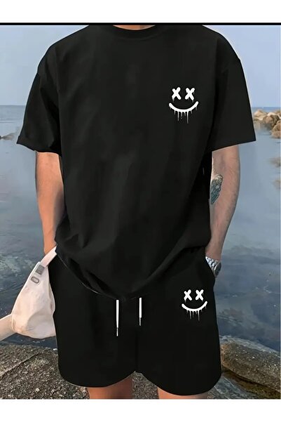 ELAN WEAR Printed Black Women'S/Men's Unisex T-Shirt Shorts 2-Piece Set Overs...