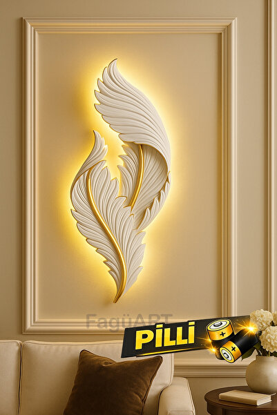 FagüArt Pilli Modern Tüy Aplik Ledli Dekoratif Duvar Aydınlatması Gece Lambas...