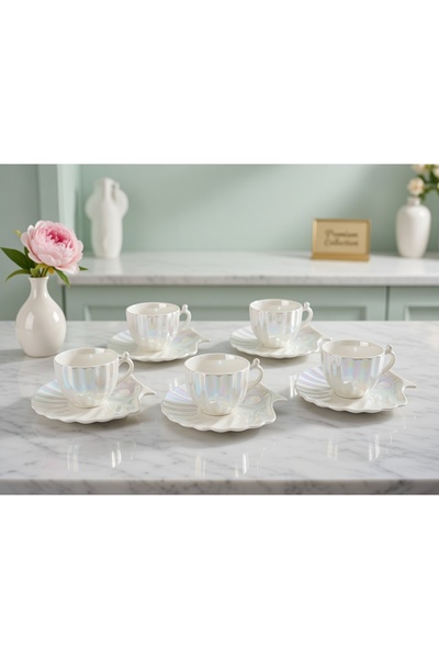 Muhtelif İstiridye Desenli 6'lı Türk Kahve Fincanı Takımı - Yaldızlı Premium ...