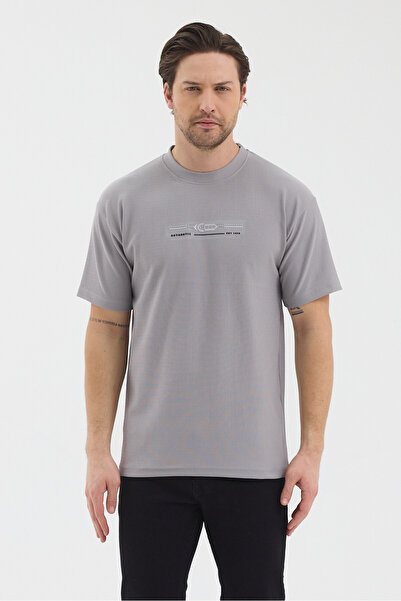 WERRONİ Men's Gray Color Jacquard Fabric Printed Slim Fit T-Shirt