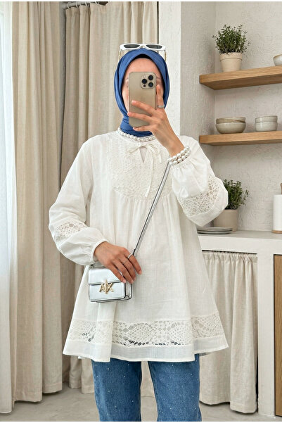 MODAQU Lace Detailed Linen Tunic - White