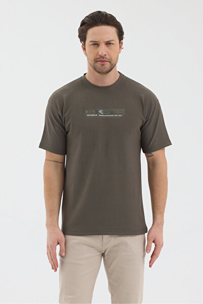 WERRONİ Men's Khaki Color Jacquard Fabric Printed Slim Fit T-Shirt