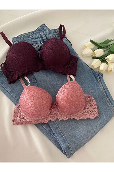 Gold Night Women's Lace Pack Supported Wired Push up Padded Soft Bra Double Pack