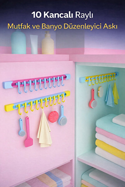 Yenilig 10 Kancalı Raylı Mutfak ve Banyo Düzenleyici Askı – Kaydırmalı Pratik...