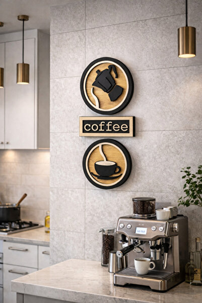 Lazer X Design Ahşap Kahve Köşesi Duvar Dekoru 3 Parça | Coffee Temalı Mutfak...