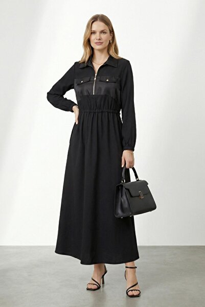 Puane Women's Shirt Collar Zippered Waist Length Ruched Long Dress – 12670Elb