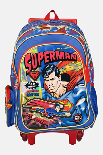 Superman Kids Boy Printed Trolley Backpack 41 H x 32 L x 16 W cm, Blue
