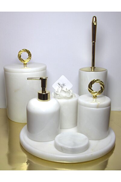 Akmera Home %100 Mermer 7’li Banyo Seti – Gold Halkalı Kulplu Zarif Tasarım