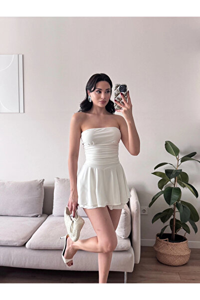 Zoom Butik Straplez Volanlı Şortlu Elbise - BEYAZ
