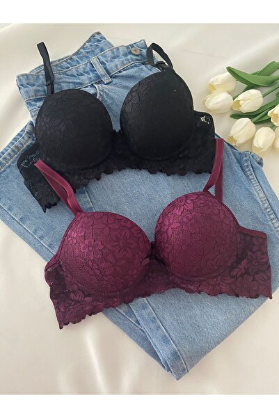 Gold Night Women's Lace Pack Supported Wired Push up Padded Soft Bra Double Pack