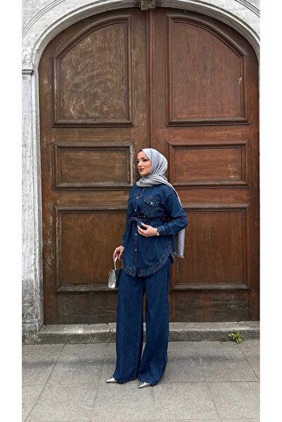 YAREN CLARA Denim takım baklava püskül detaylı