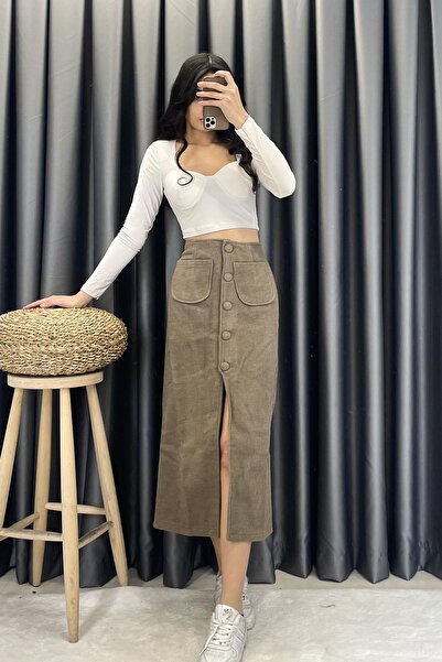 Tmptekstil Trim Button Detail Front Slit Melton Skirt - Brown Brown