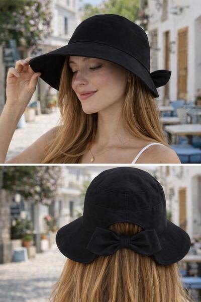Wearflawless Kadın Keten Bucket Fiyonklu Siyah Yazlık Plaj Şapkası, Ayarlanab...