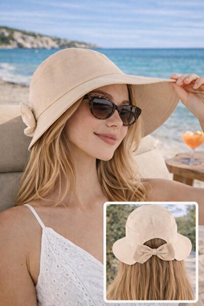Wearflawless Women's Linen Bucket Hat with Bowknot Beige Summer Beach Hat, Ad...