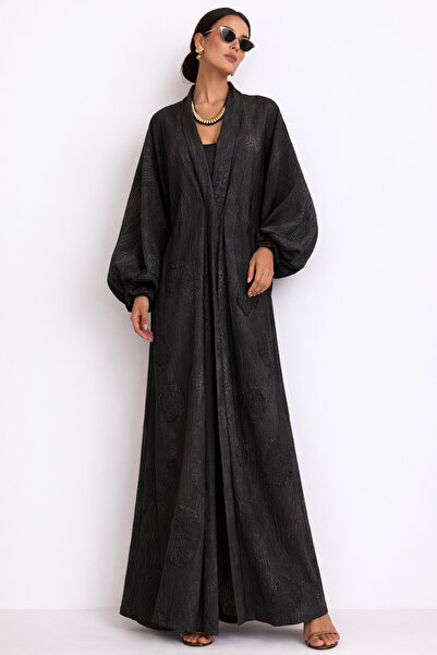 Marever Fashion Black Jacquard Long Kaftan – Oversized Cuts, Balloon Sleeves,...