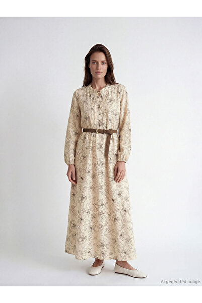 LC Waikiki فستان بيج بياقة هاكيوم مزين بالزهور على شكل حرف A