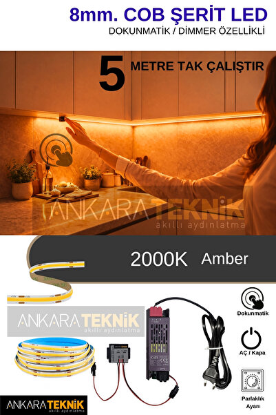 ankarateknik 8mm COB LED Şerit Set Dokunmatik Dimmerli Trafolu Tak-Çalıştır (...