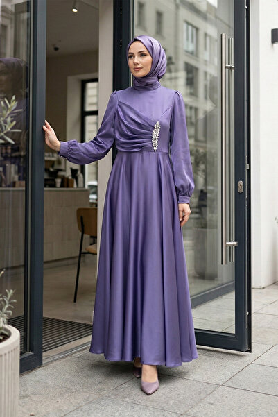 MODAQU Μακρύ Σατέν Φόρεμα με Πέτρινες Λεπτομέρειες - Λιλά