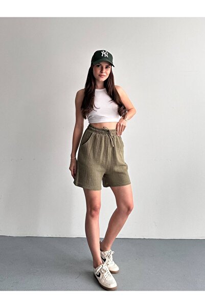 the bera fashion Kadın Haki Keten Müslin Kumaş Beli Lastikli Rahat Yazlık Şor