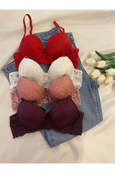 Gold Night Women's Lace piece supportive Wired push up padded soft bra quad pack