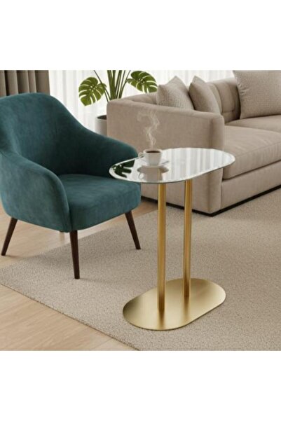 Generic Oval gold serving table with glass top, steel column and base