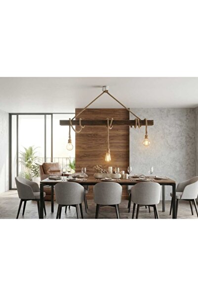 MR CLK Rustik Halatlı Ahşap Kütük Avize - 3 Kollu Doğal Tasarım