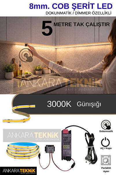 ankarateknik 8mm COB LED Şerit Set Dokunmatik Dimmerli Trafolu Tak-Çalıştır (...